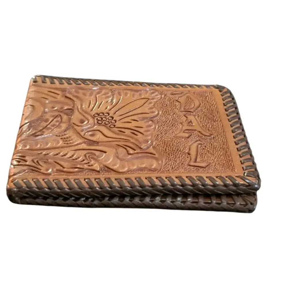 Vintage Handmade Tooled Brown Leather Wallet Western Floral Billfold Mens